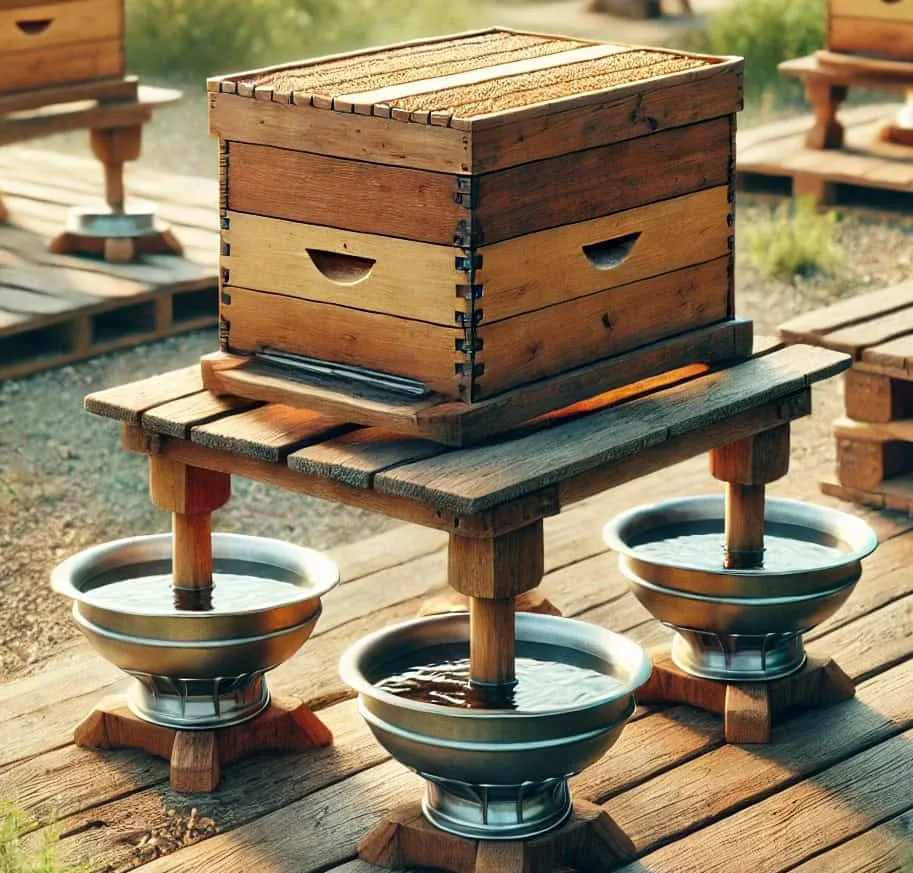 Beehive on a raised stand with water-filled moats around the legs to prevent ants from accessing the hive