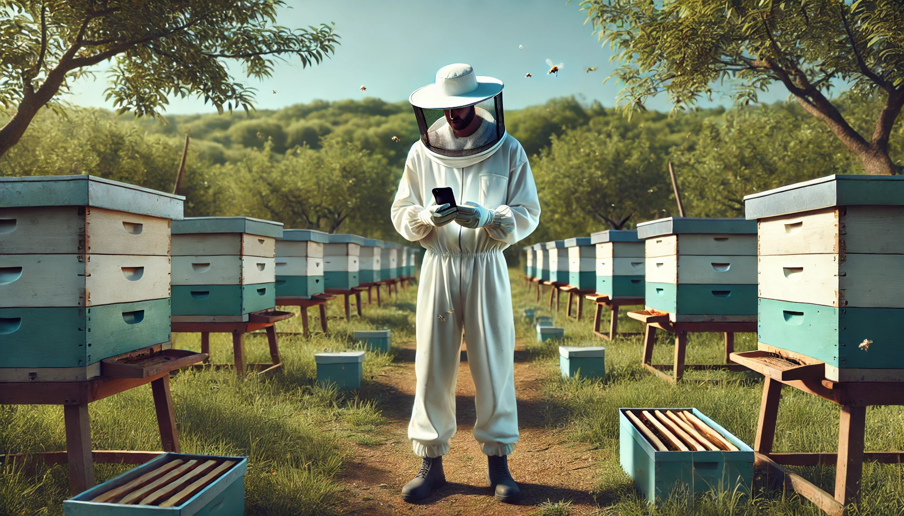 A beekeeper dressed in a beekeeping suit stands in an apiary surrounded by neatly arranged beehives, intently using beekeeping apps to assist with hive inspection