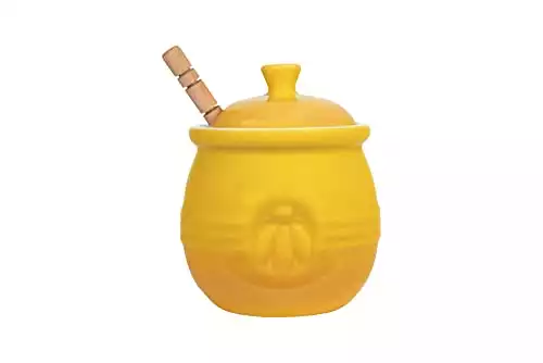 Creative Co-Op Farmhouse Embossed Stoneware Honey Pot with Wood Honey Dipper, Yellow