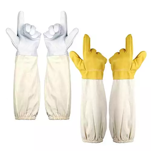 2 Pairs Beekeeping Gloves- Thick Goatskin Leather Beekeeper's Gloves with Ventilated Canvas Long Sleeves Elastic Cuffs Vented Beekeeper Protected Gloves for Beekeepers Hand Protection