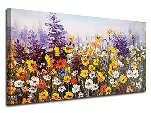 Ardemy Flowers Wall Art Canvas Daisy Colorful 3d Textured Picture Landscape Wildflowers Painting, Purple Yellow Floral Artwork Large Framed for Living Room Bedroom Bathroom Office Home Decor 40"x...
