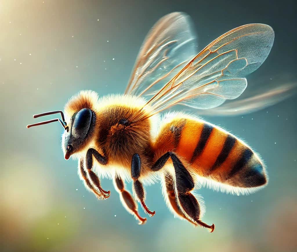 Honeybee flying with blurred wings, showcasing its speed and flight dynamics of honey bees, which can reach speeds of up to 15-20 miles per hour